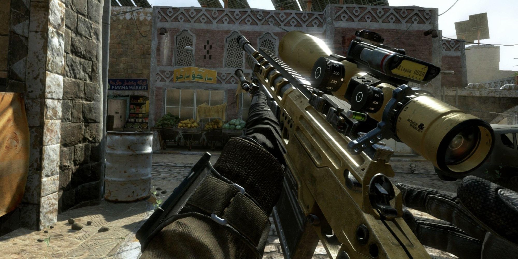 A photo of a sniper rifle from BO2, being held by gloved hands and pointed at buildings on the streets. 