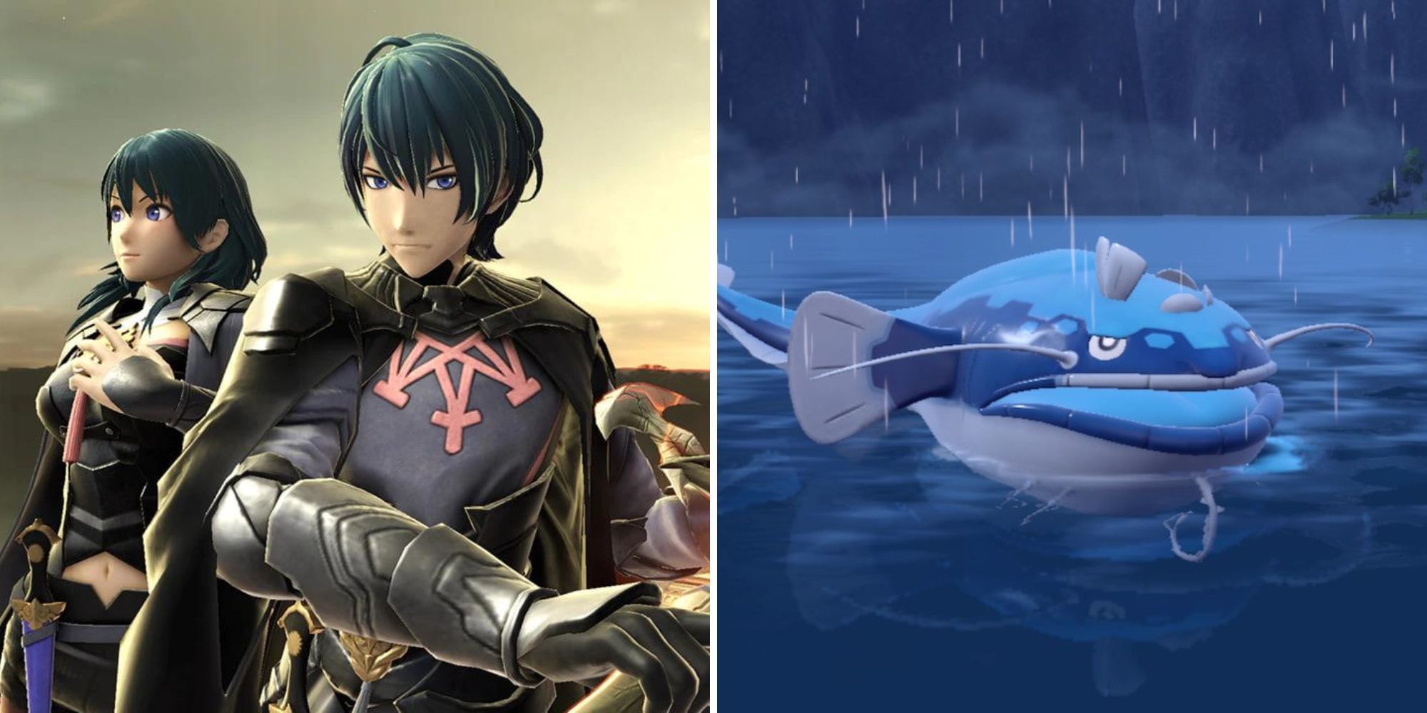 Male and Female Byleth stand together and Dondozo floats in the ocean while it rains