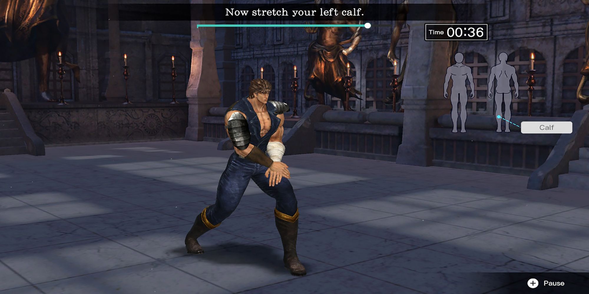 Kenshiro stretches his calf muscle inside a shrine in Fitness Boxing: Fist Of The North Star.