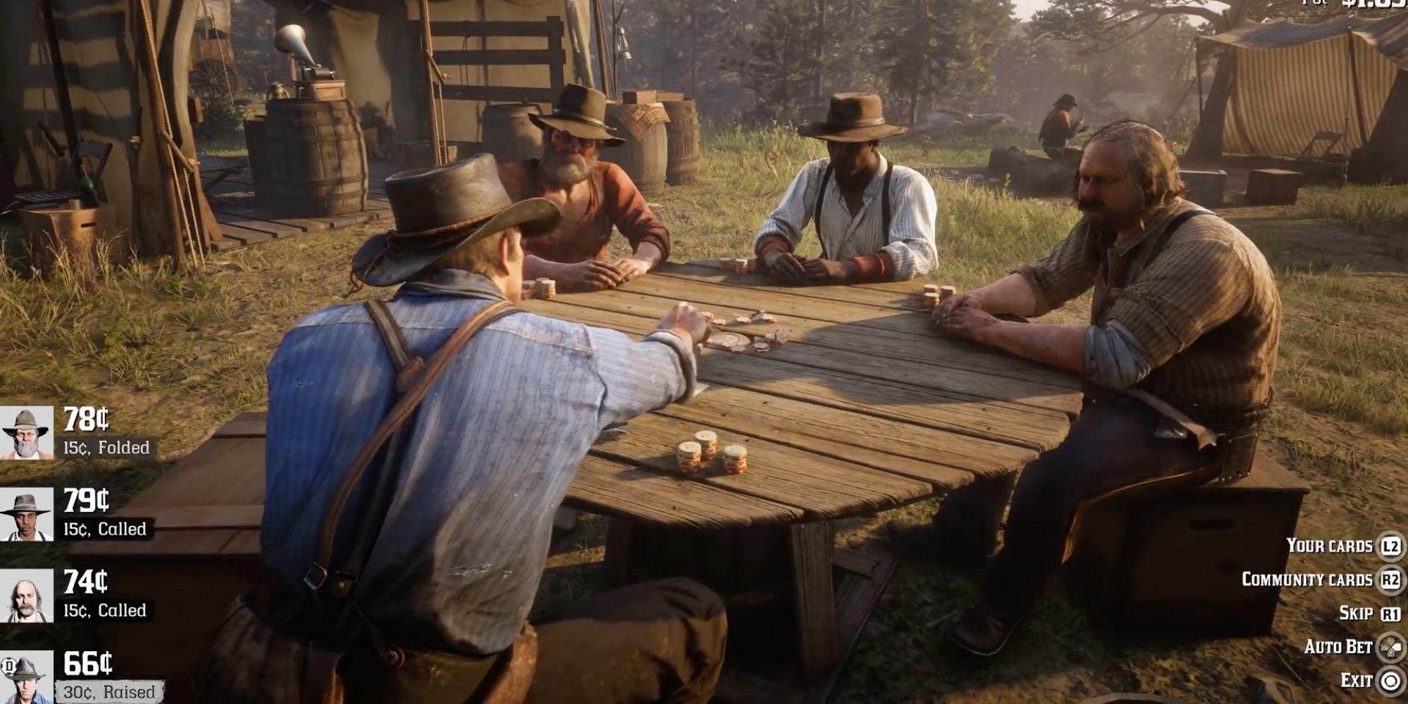 An image of Arthur Morgan and three other gang members playing poker at their campsite in Red Dead Redemption 2.