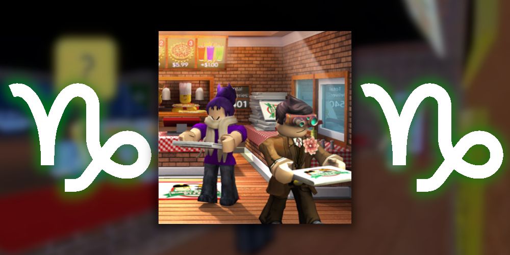 Capricorn Zodiac Symbol on either side of Work at a pizza place gameplay, including Man in coat and woman in scarf holding pizza boxes.
