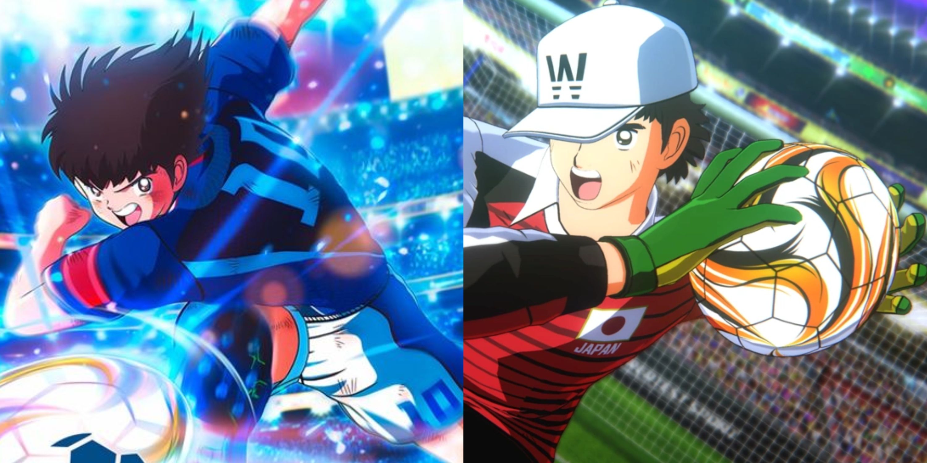 captain tsubasa rise of new champions cover and gameplay with tsubasa kicking and wakabayashi saving