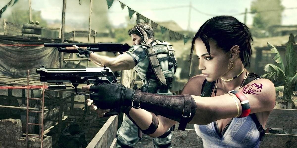Chris Redfield and Sheva Alomar firing zombies in Resident Evil 5