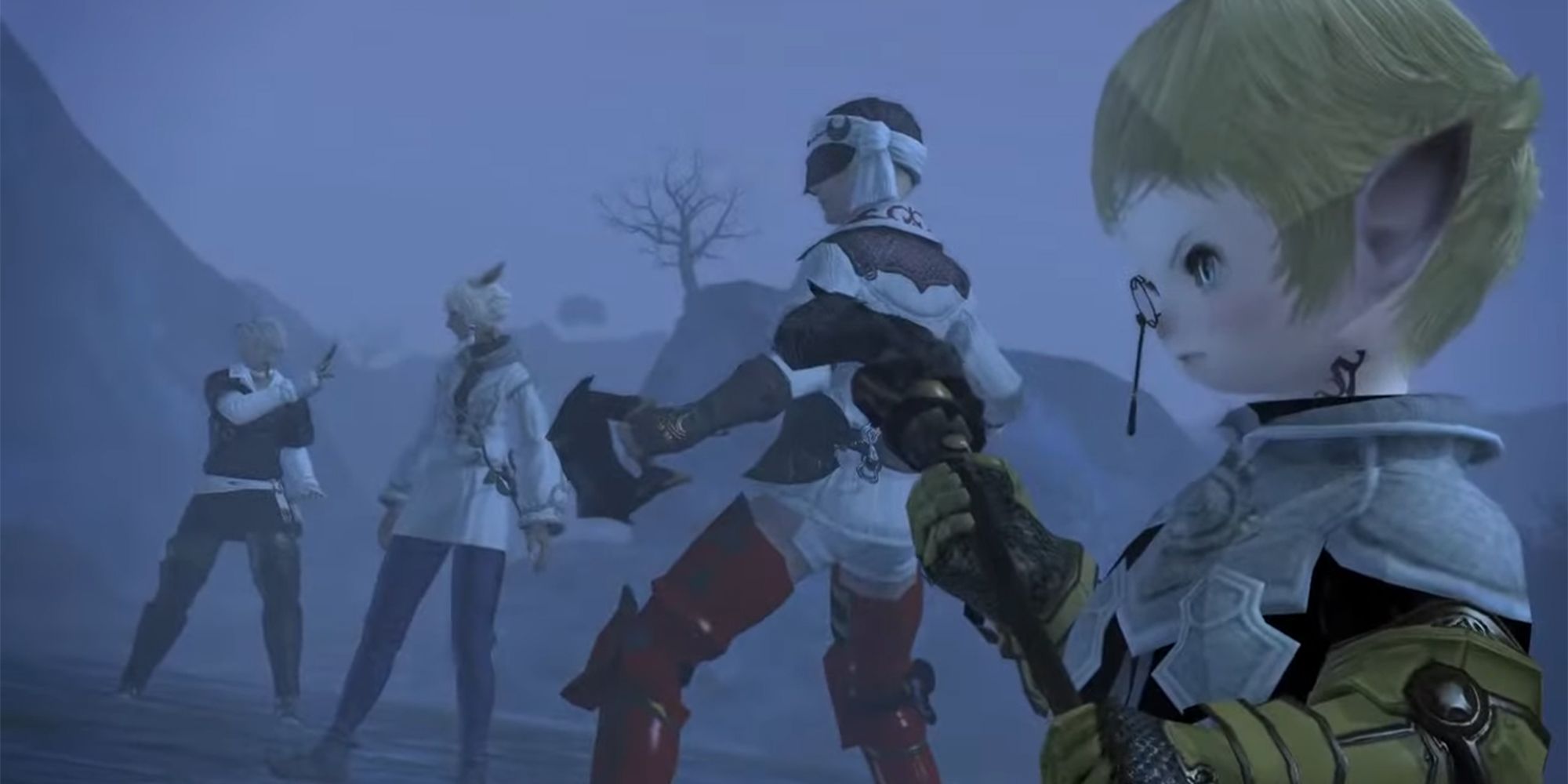 circle of knowing members, thancred, y'shtola, yda, and papalymo lined up for battle