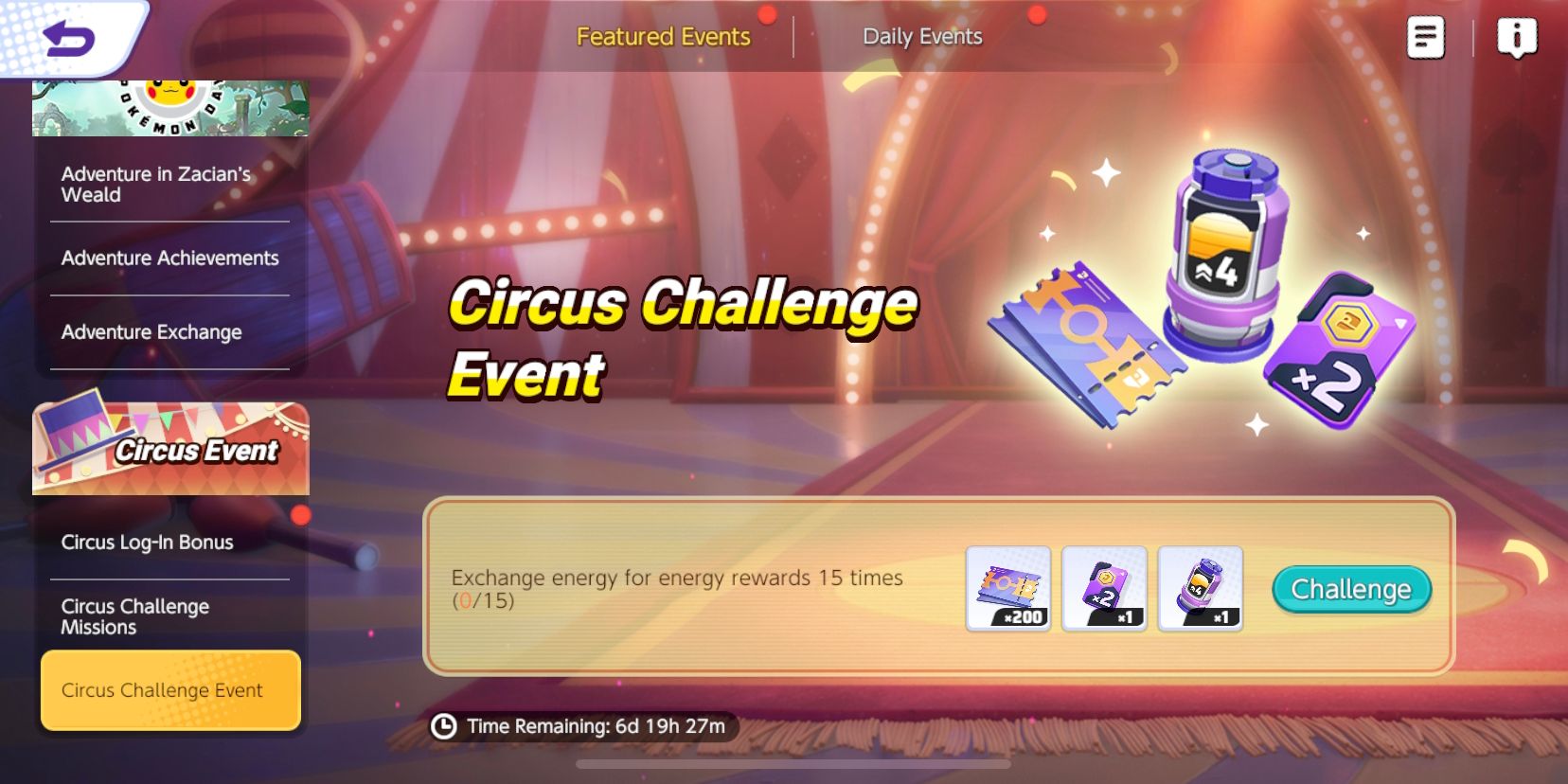 Экран события Circus Challenge от Pokemon Unite, показывающий миссию события и награды