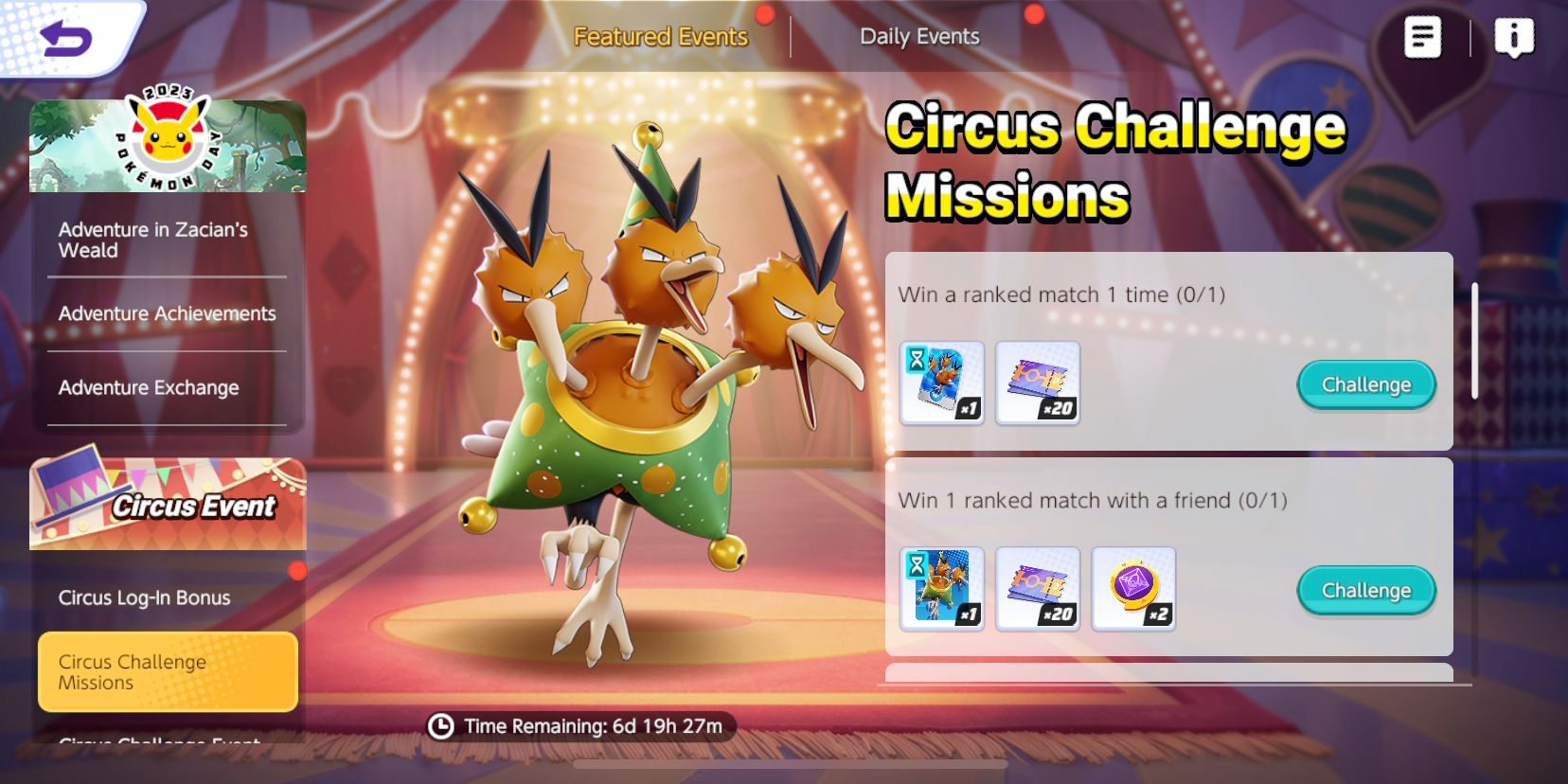 Экран Circus Challenge Missions от Pokemon Unite, показывающий миссии событий и награды