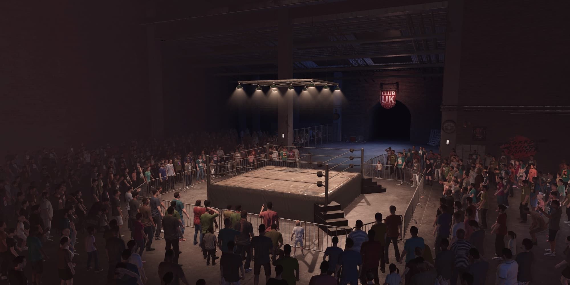 Club U.K. in WWE 2K23 is a brick building with a shaky looking light fixture above the ring.