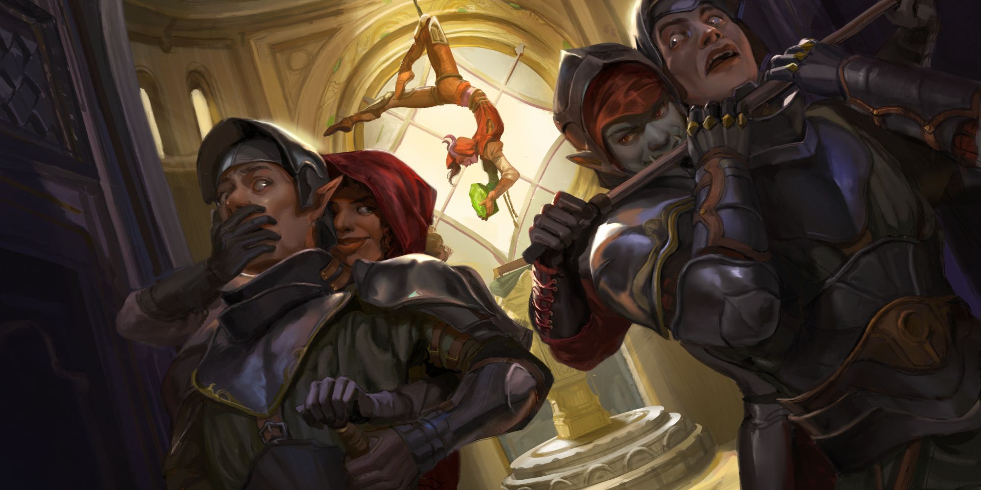 two characters hold guards hostage while another steals a treasure, D&D Keys from the Golden Vault art by Evyn Fong