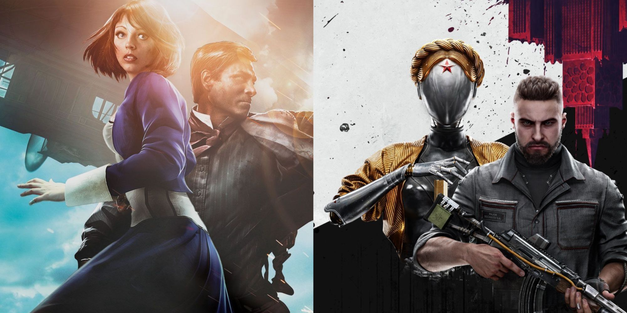 A split image of the promo art for BioShock Infinite with Booker holding Elizabeth close as he aims his weapon, and the cover art for Atomic Heart with P-3 and the Twin holding his shoulder.