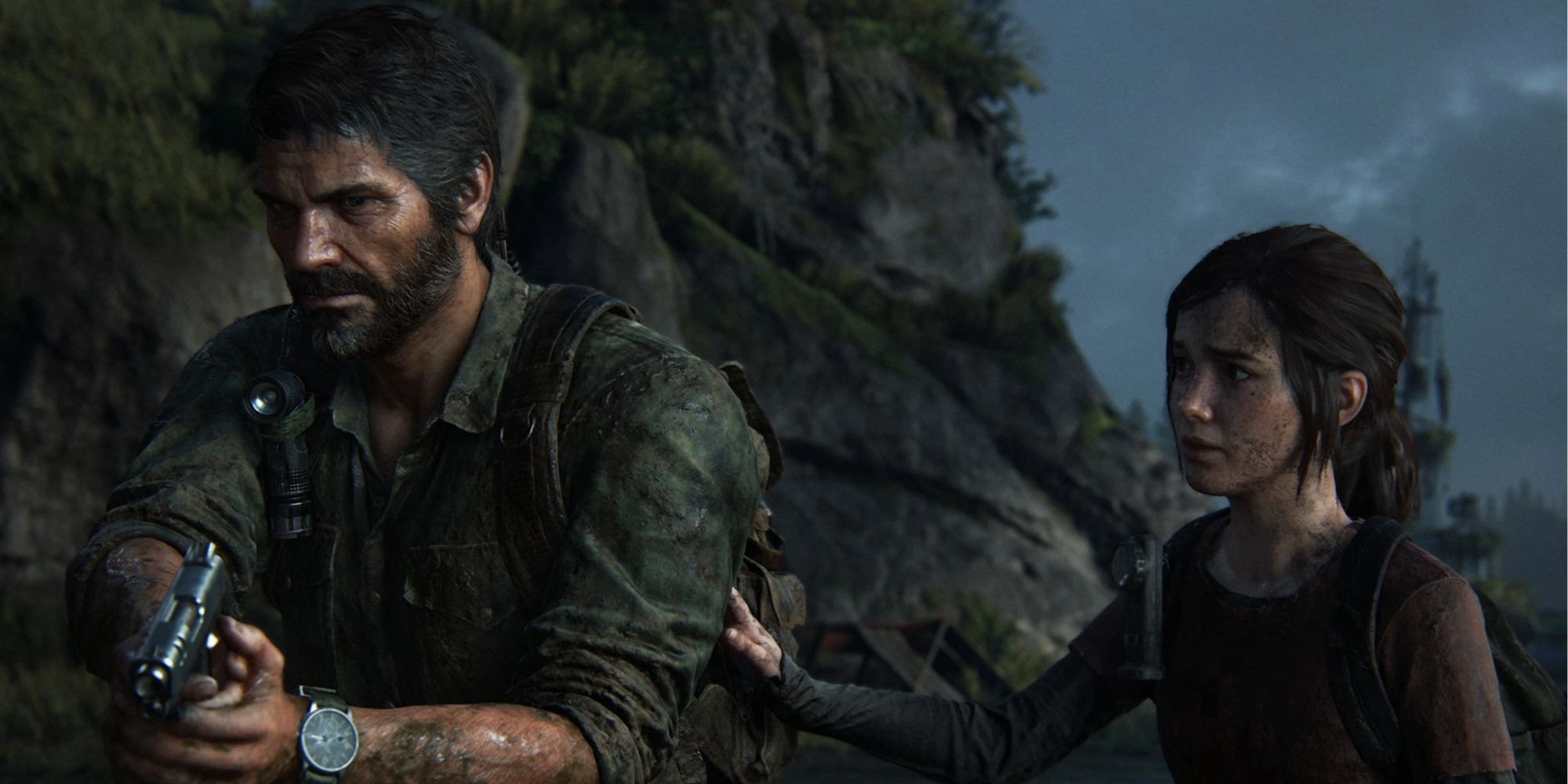 joel holding a gun with ellie holding his arm