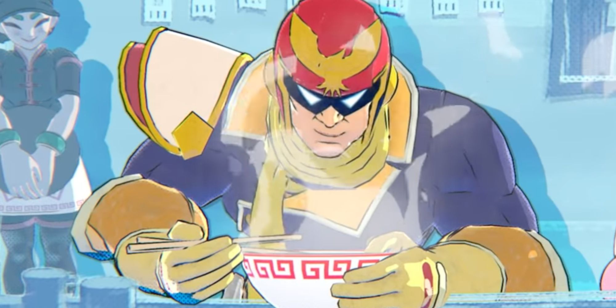 Captain Falcon, from F-Zero and Super Smash Brothers Ultimate, Eating a Bowl of Ramen with Min Min in the Background