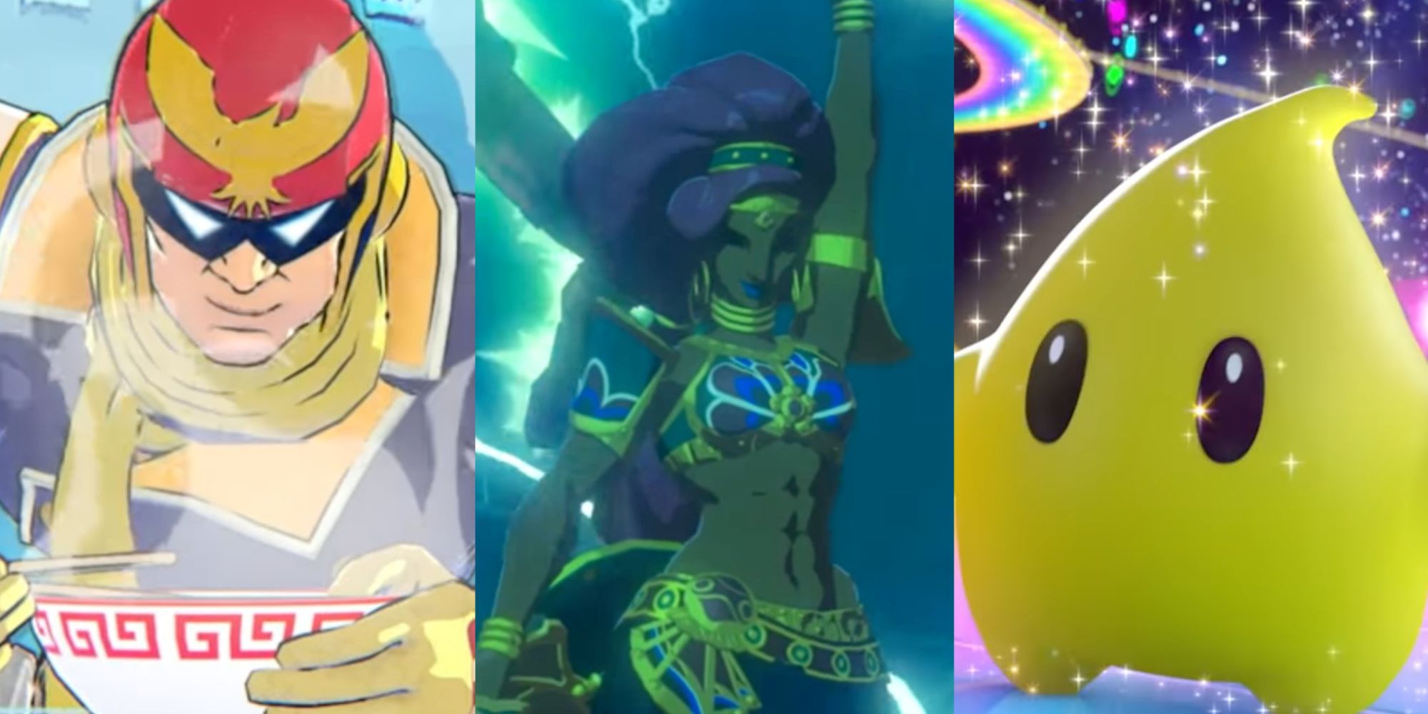 Captain Falcon from F-Zero, Urbosa from The Legend of Zelda: Breath of the Wild, and Luma from Super Mario Galaxy