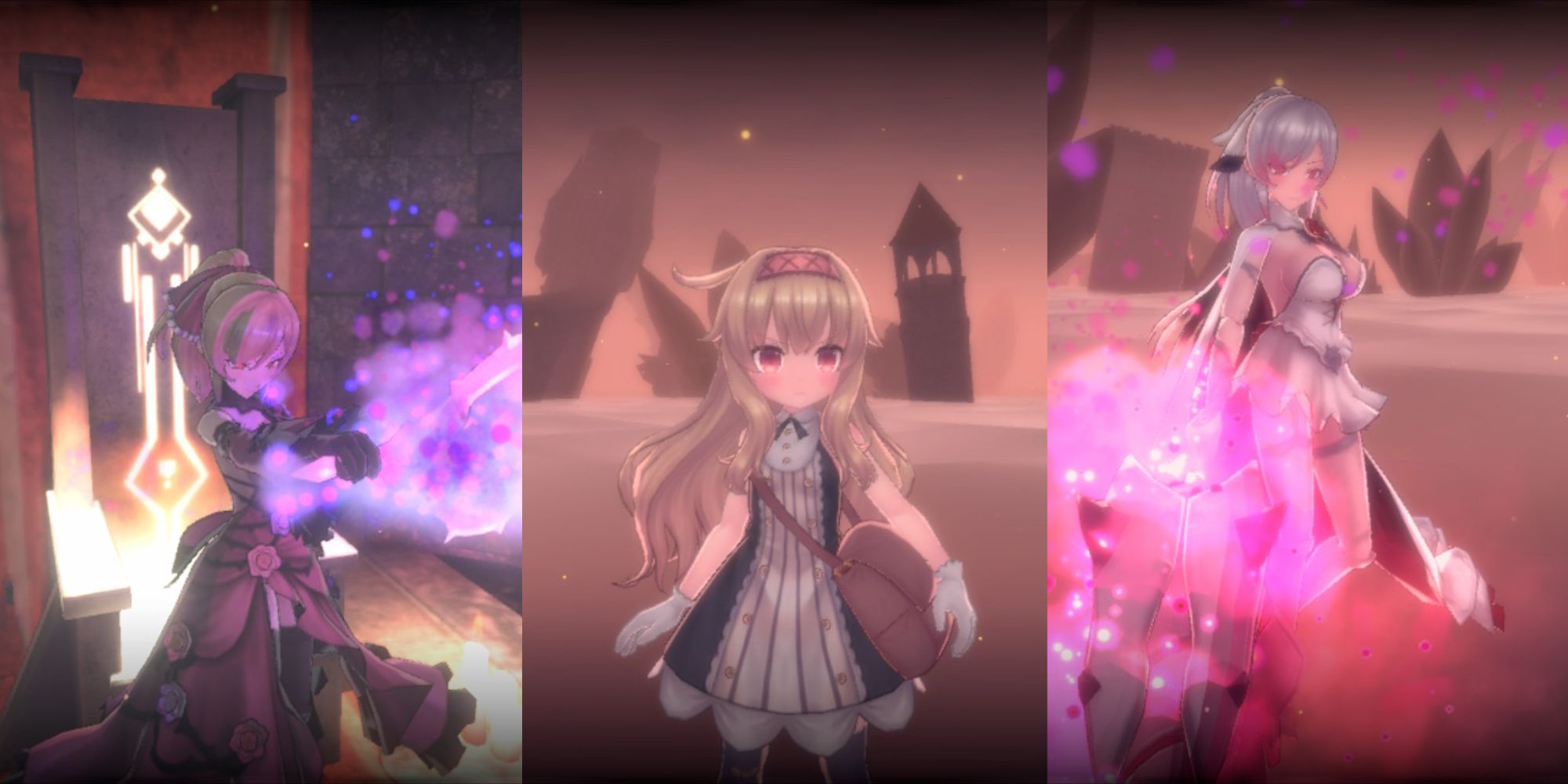A collage of Vanessa before the two boss fights and Nobeta standing to fight them in Little Witch Nobeta.