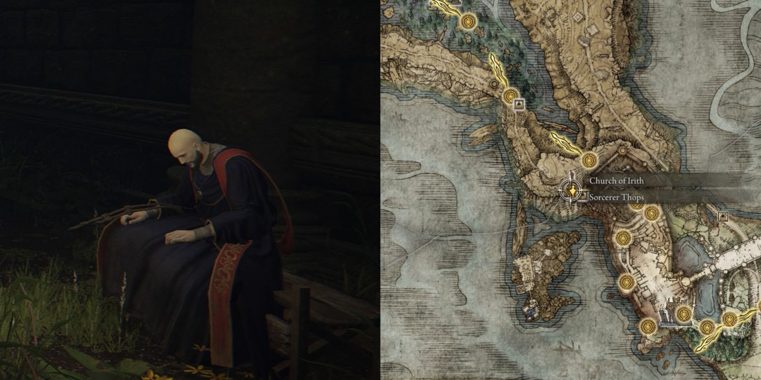 In Game And Map Image Of Thops's Location In Church of Irith in Elden Ring