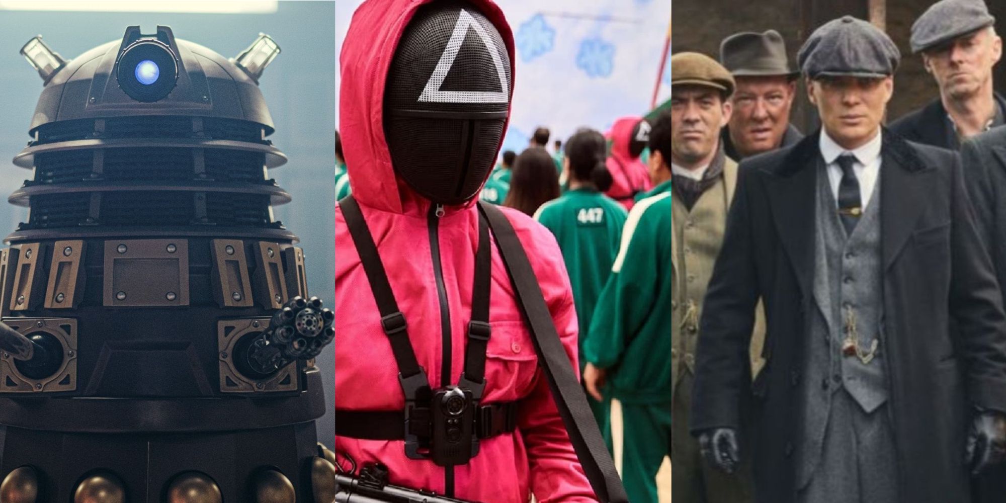 A three-image collage featuring a Dalek from Doctor Who, a Guard with contestants lined up behind them in Squid Game, and Tommy Shelby rolling with fellow gangsters in Peaky Blinders.