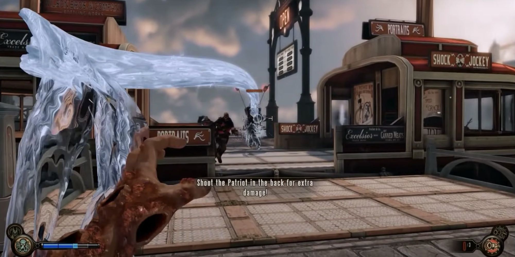 Booker using Undertow, which sends a stream of water to grab an enemy, near a rail station in BioShock Infinite.