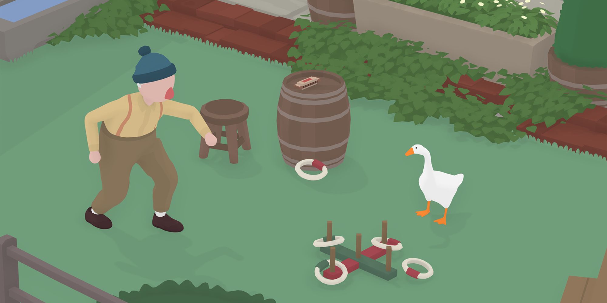 man and goose playing hoopla in untitled goose game