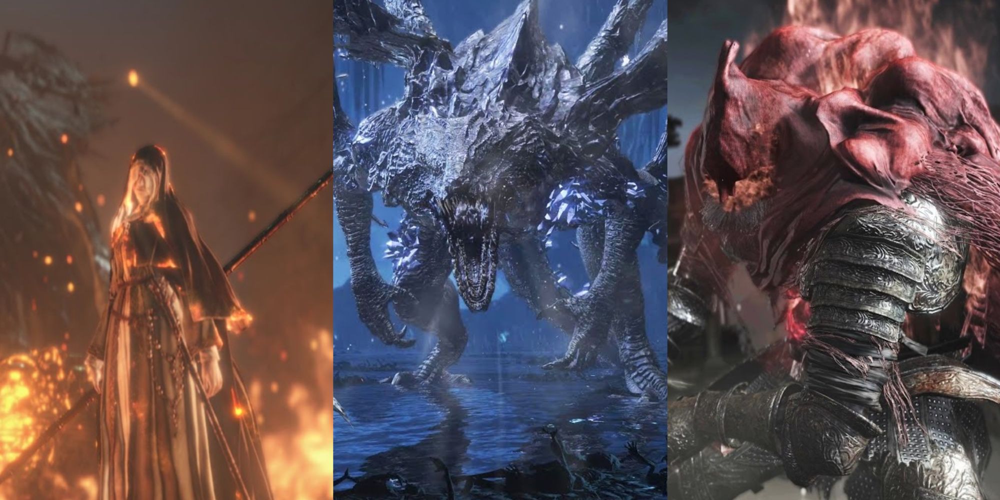 A collage with Sister Friede, Darkeater Midir, and Slave Knight Gael.