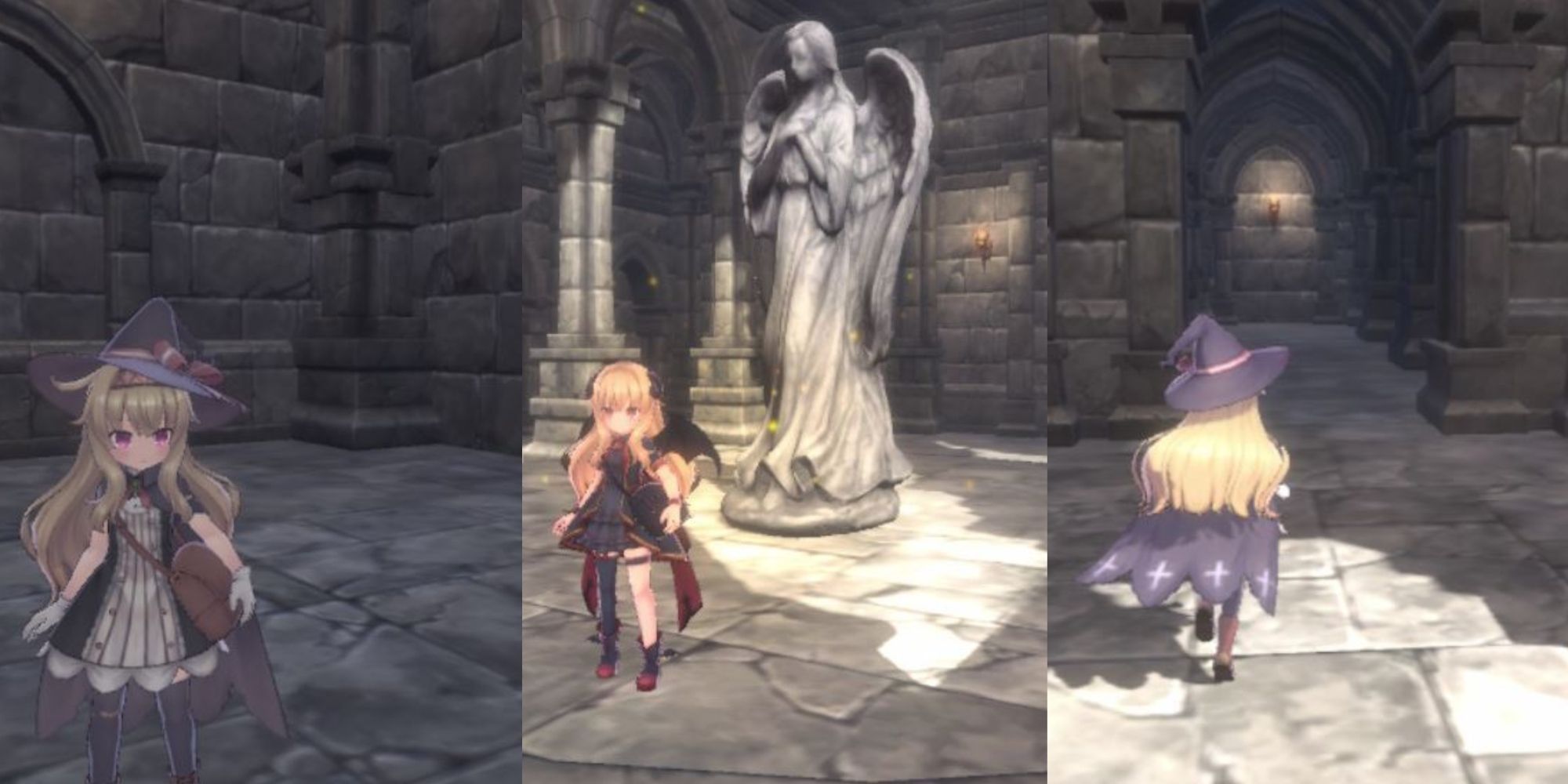 A collage of Nobeta standing in the Okun Shrine and near a Goddess Statue in Little Witch Nobeta.