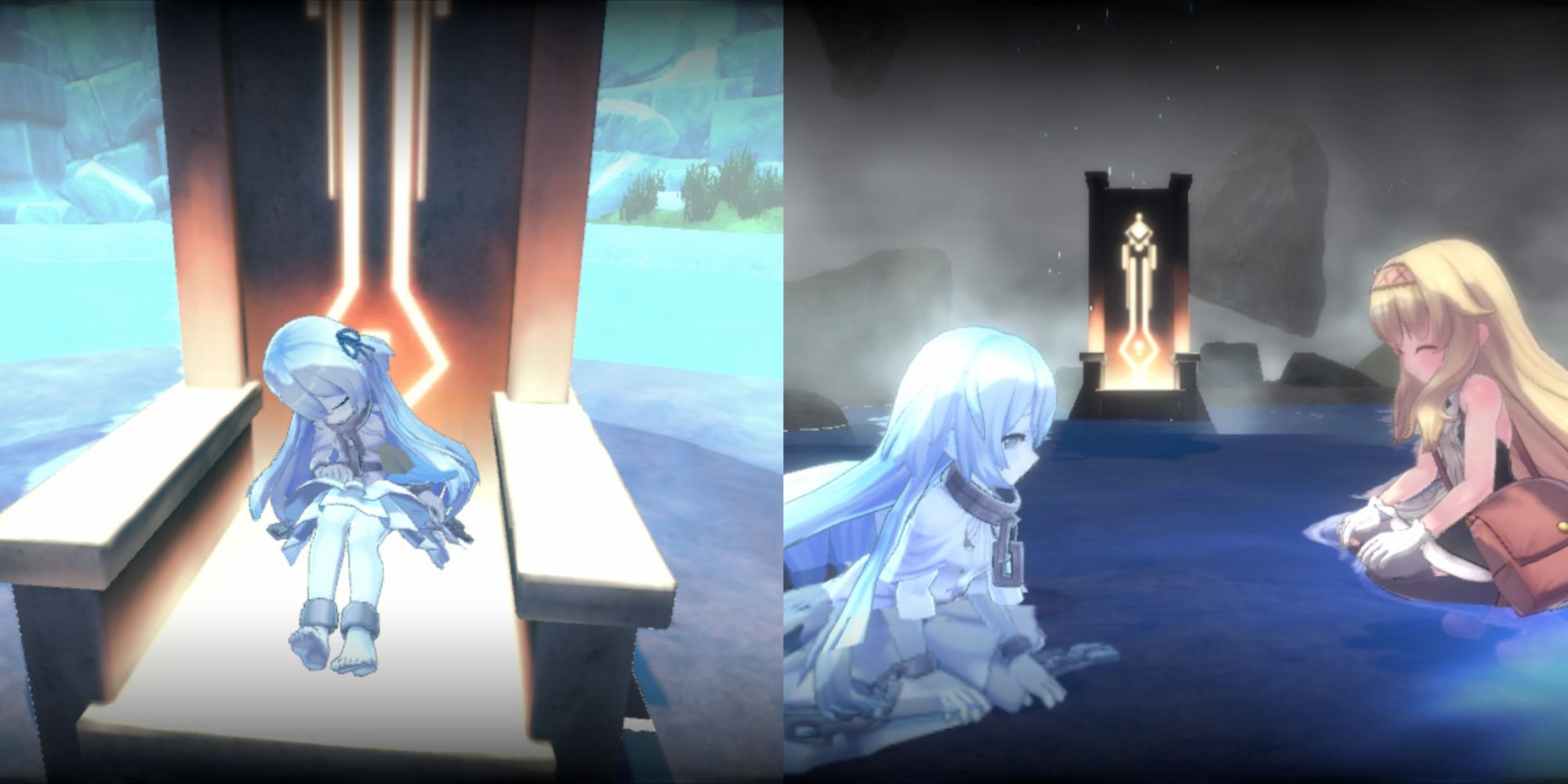 A collage of Nonota on the throne and talking with Nobeta in Little Witch Nobeta.