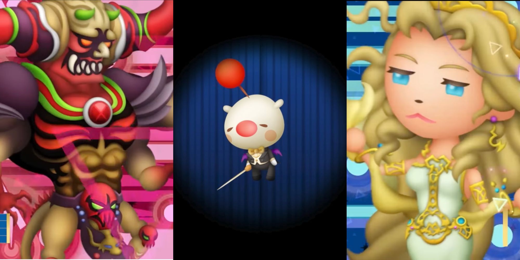 Chaos on the left, Moogle in the middle, Cosmos on the right