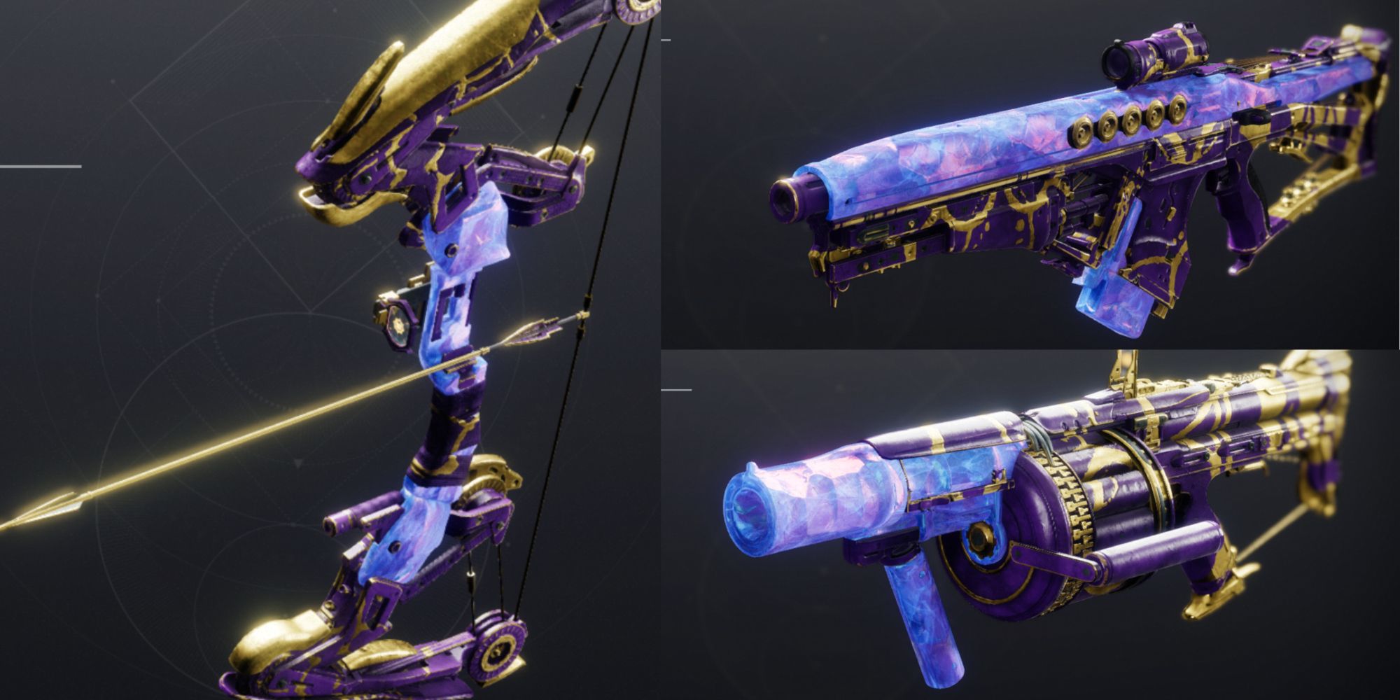 Destiny 2: purple and gold patterned bow, grenade launcher, and auto rifle