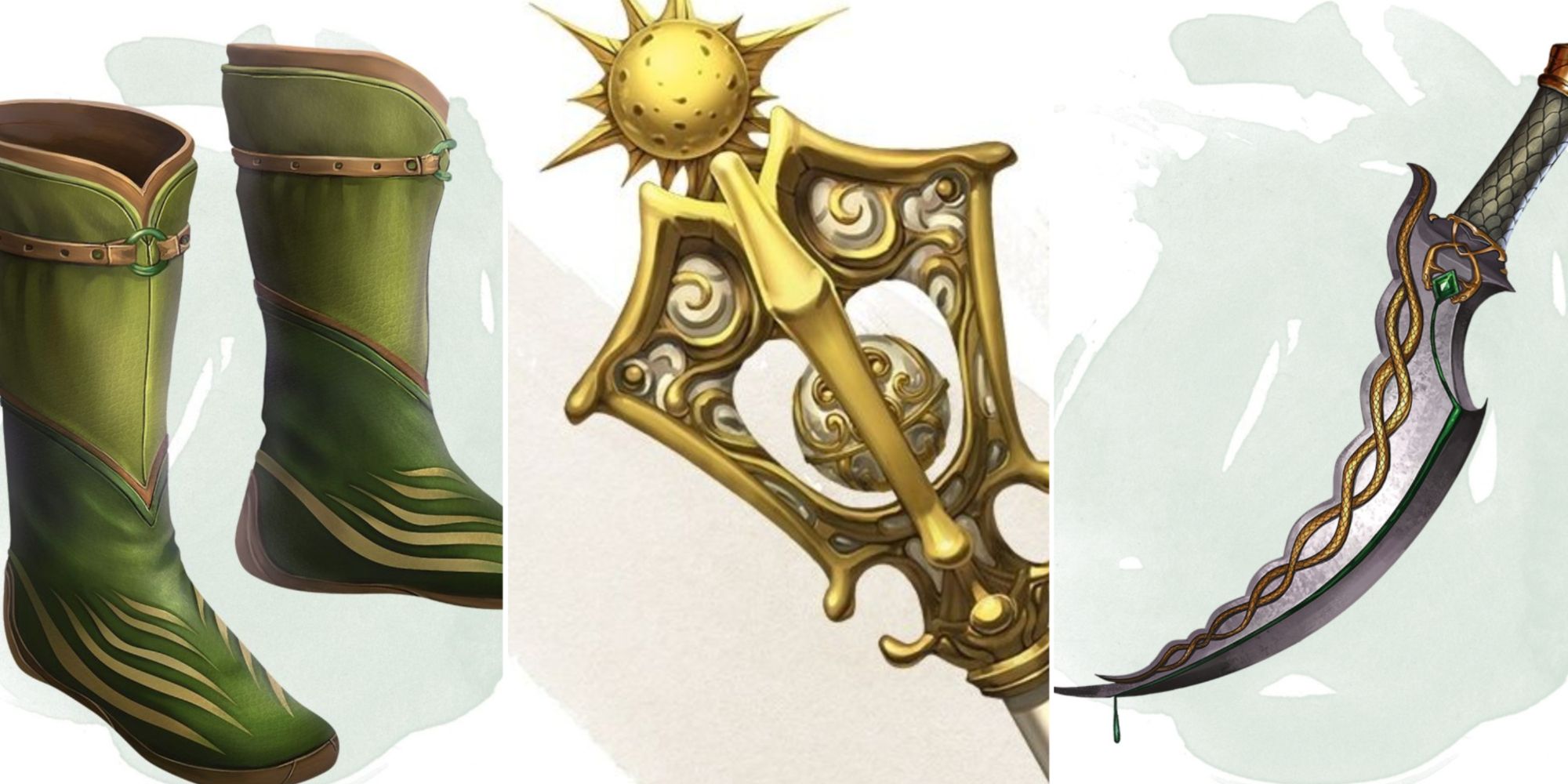 Split image of boots of speed, mace of disruption and dagger of venom magic items in D&D