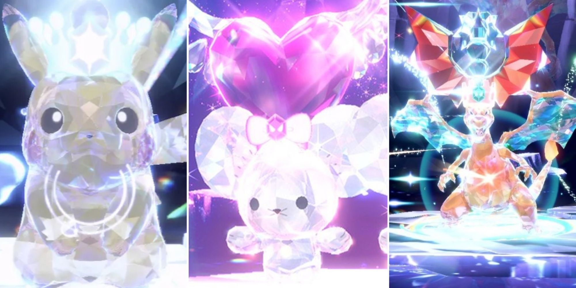 Pikachu, Mousehold and Charizard flaunting their Tera crystals in Pokemon Scarlet & Violet raids.