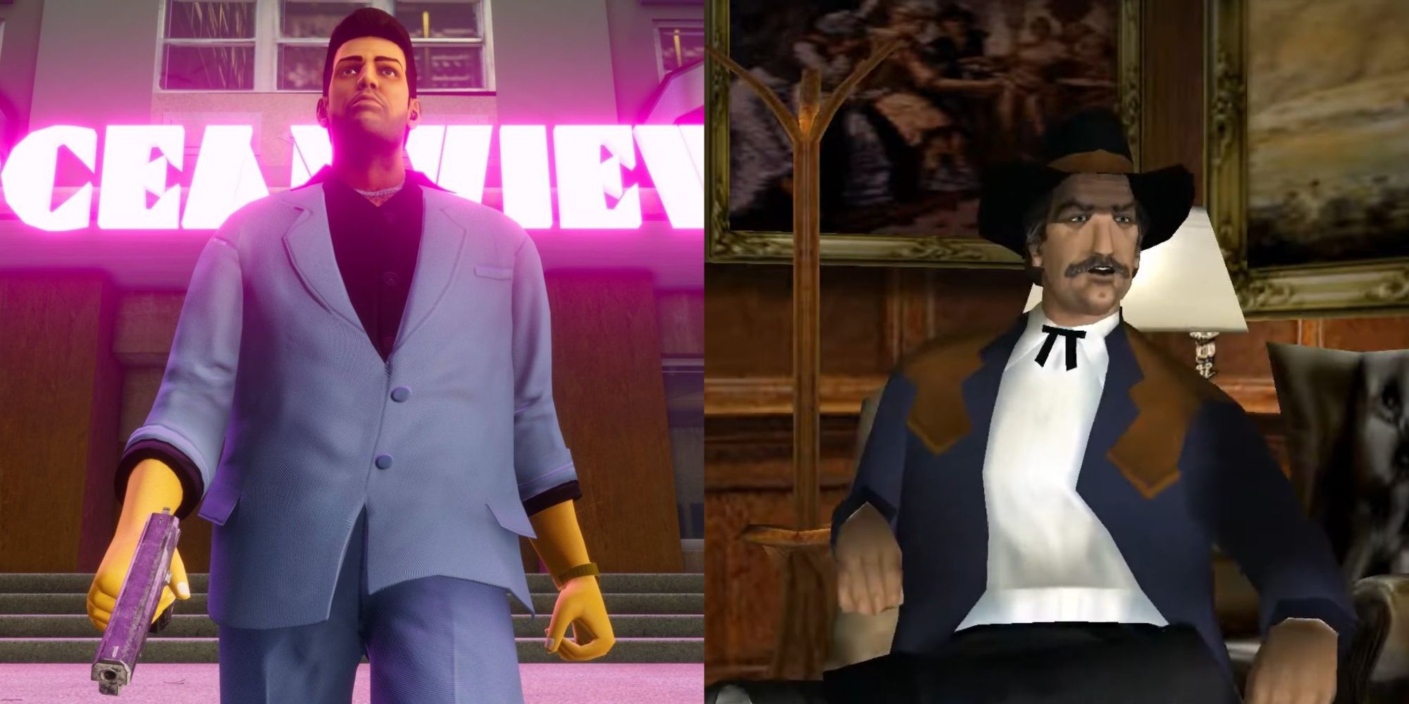 A split image featuring Ray Liotta's Tommy Vercetti walking in a nice suit with a gun in front of the Oceanview Hotel, and Burt Reynolds' Avery Carrington sitting on an armchair.