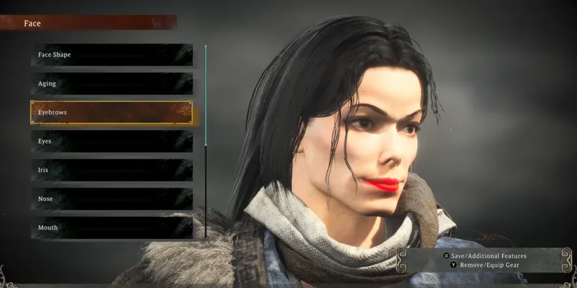 A screenshot of modifying the eyebrows for an avatar that looks exactly like Michael Jackson in Wo Long: Fallen Dynasty.