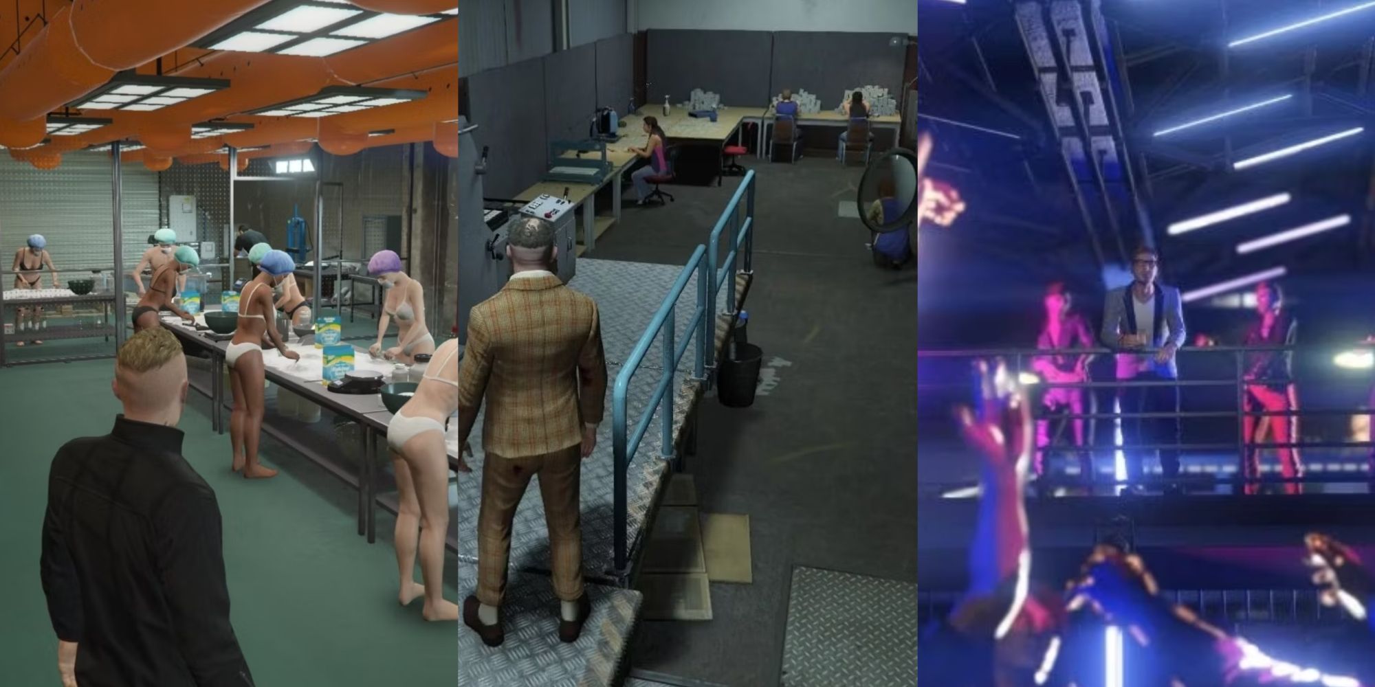 Three different businesses in GTA Online: cocaine production, money production, and nightclub manager.