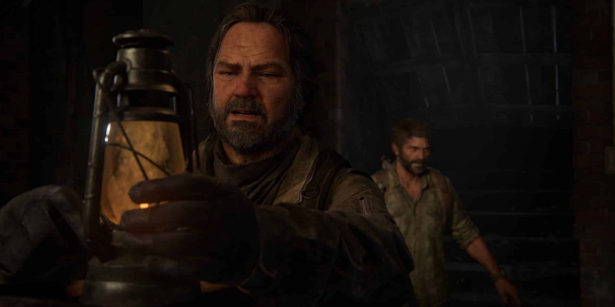 Bill attempting to light a lantern with a match as Joel stands behind him and speaks sternly in conversation.