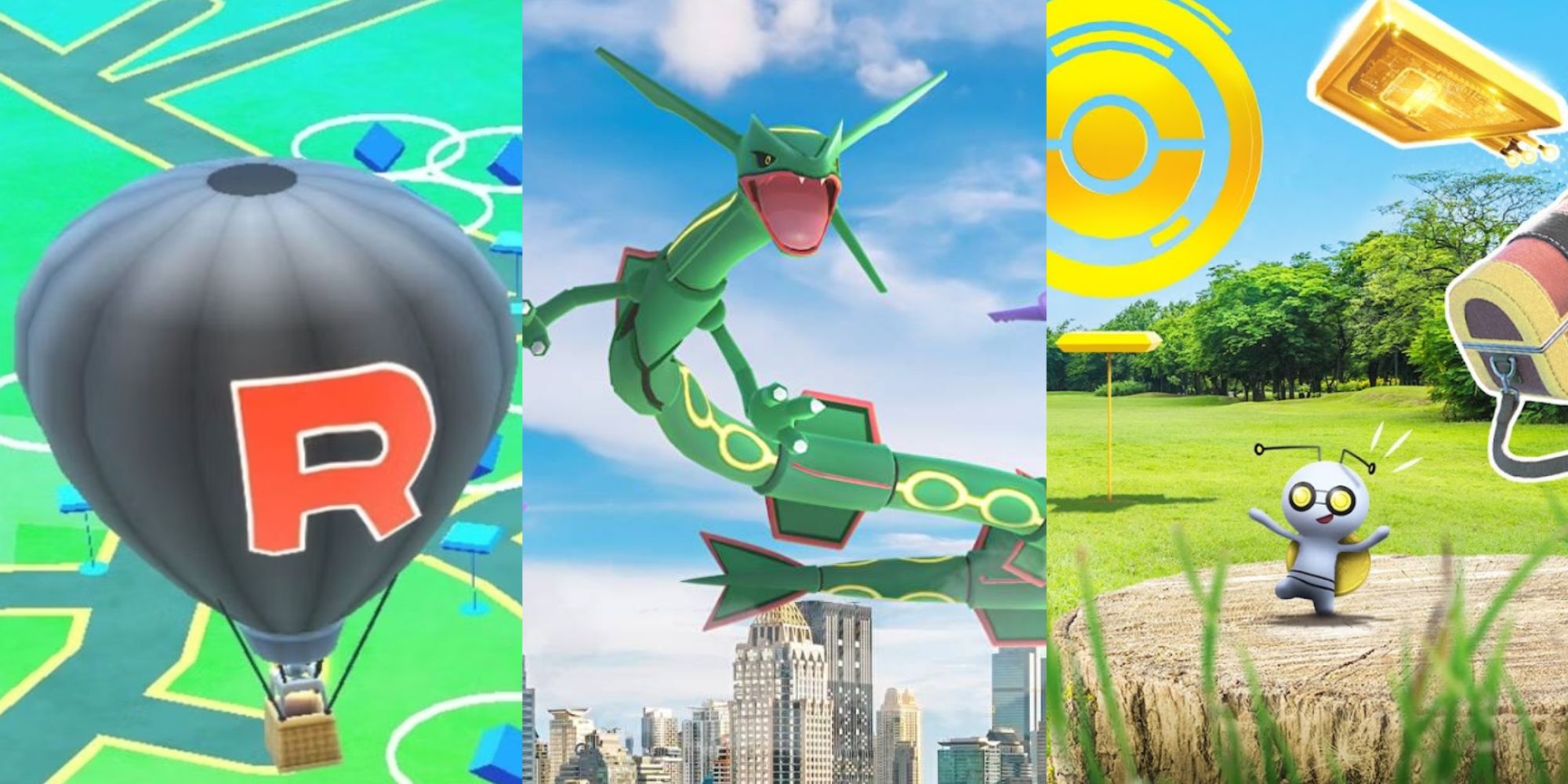 A collage showing a Team Rocket Balloon, a Rayquaza, and some important items.