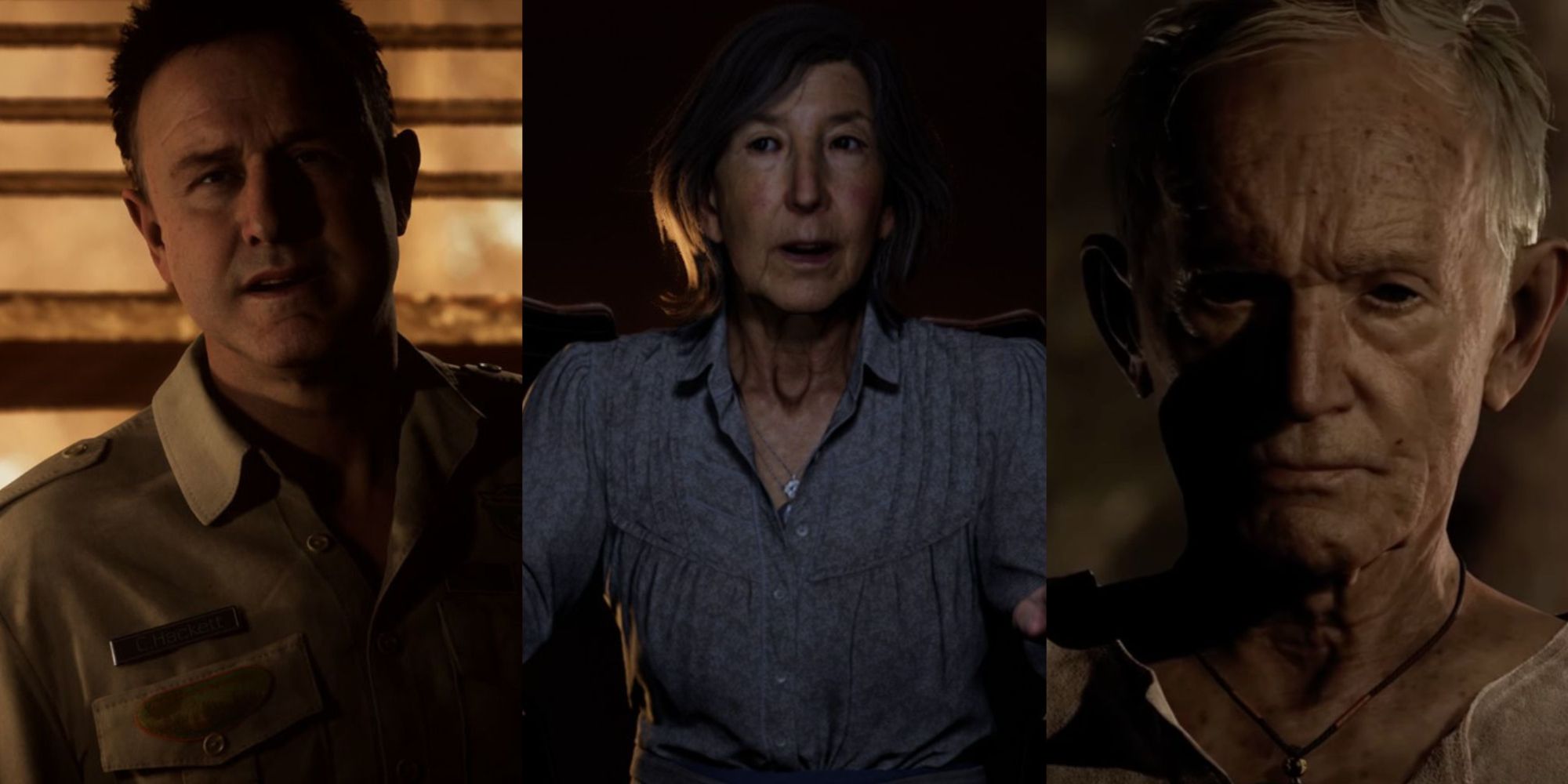 A three-image collage of David Arquette, Lin Shaye, and Lance Henriksen's Hackett family characters from The Quarry.