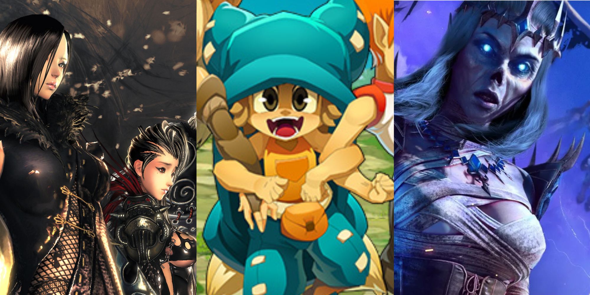 Two characters with dark hair from Soul & Blade looking to the left, a character from Wakfu grabbing their friends' arms and grinning at the viewer, and a character with glowing blue eyes and a skeletal nose from Neverwinter looking at the viewer