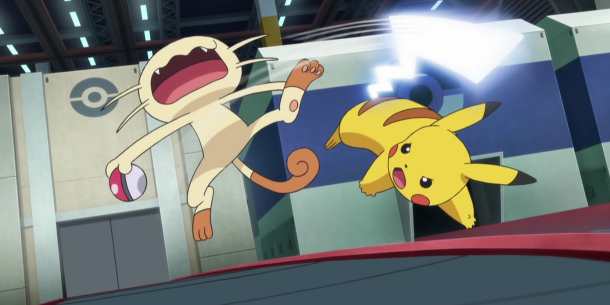 pikachu tail whipping meowth in pokemon