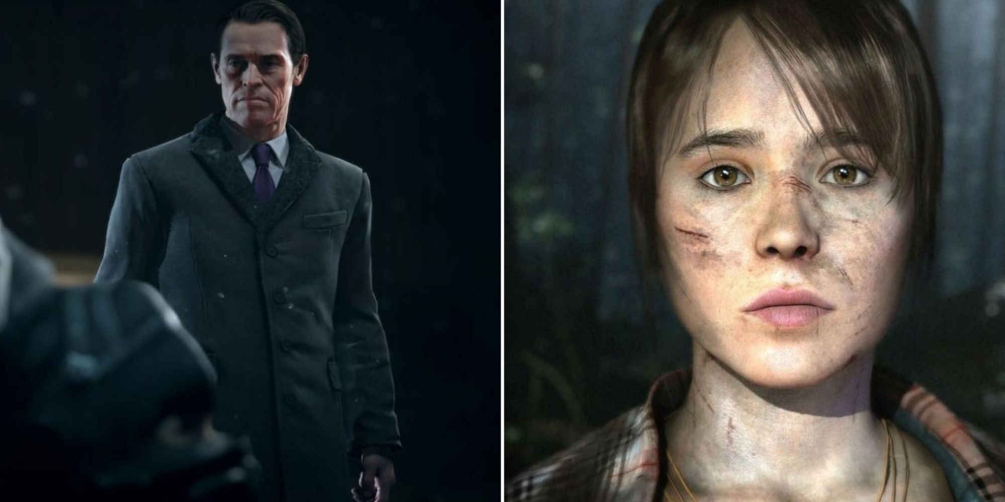 A split image of Willem Dafoe's menacing character Nathan Dawkins in a black coat and a close-up of Elliot Page's Jodie Holmes in Beyond: Two Souls.