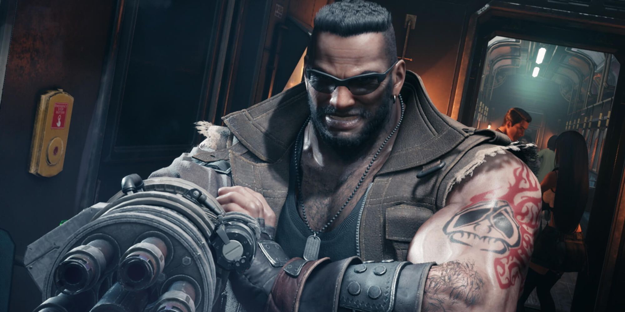 Barret in Final Fantasy 7 Remake, standing in a train carriage and aiming his gun arm.