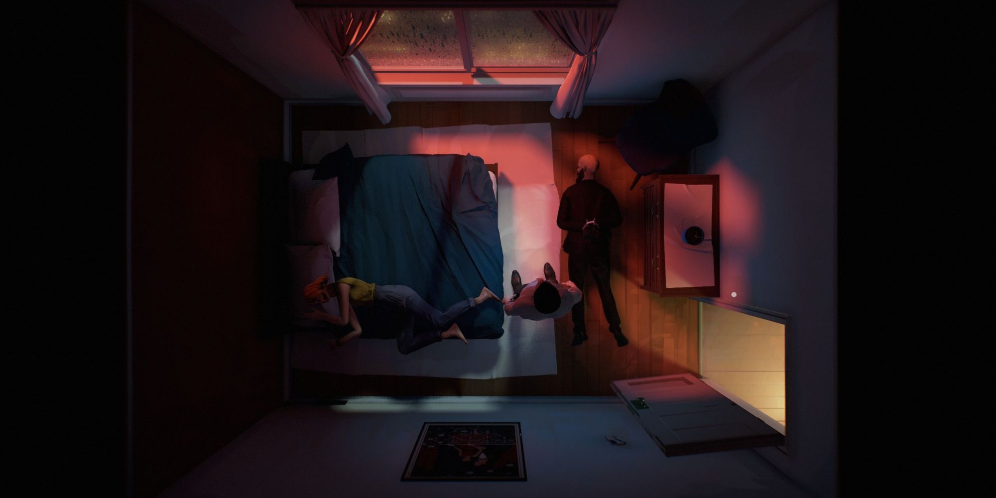 The husband standing over the zip-tied body of the rogue detective on the floor, while the wife is resting on the bed in a loop in Twelve Minutes.