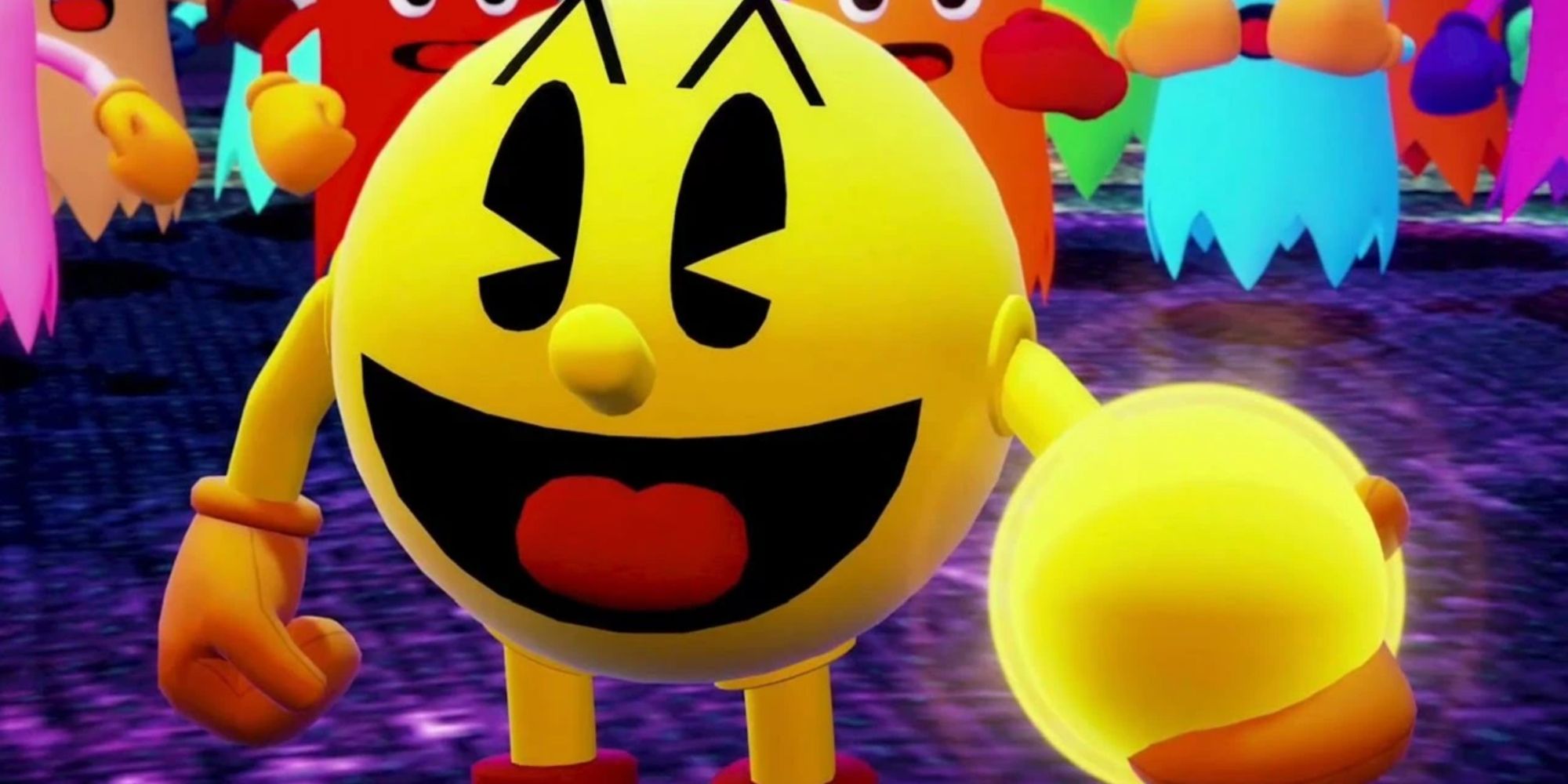 Pac-Man Holding A Power Pellet While Surrounded By Ghost
