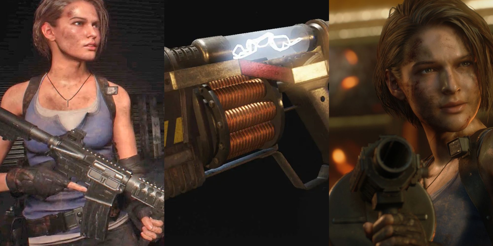 A collage showing Jill with an assault rifle, the Rai-Den, and Jill carrying a grenade launcher.