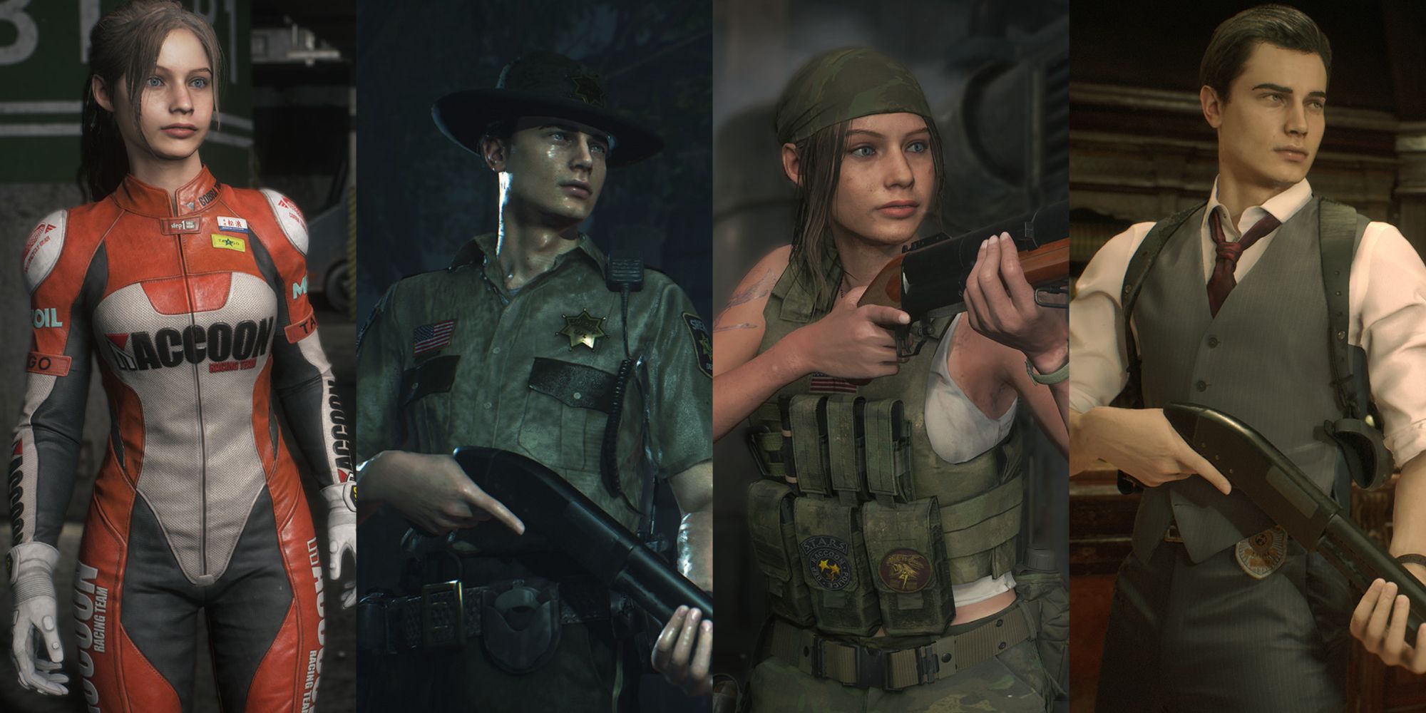 A collage showing two Claire costumes and two for Leon.