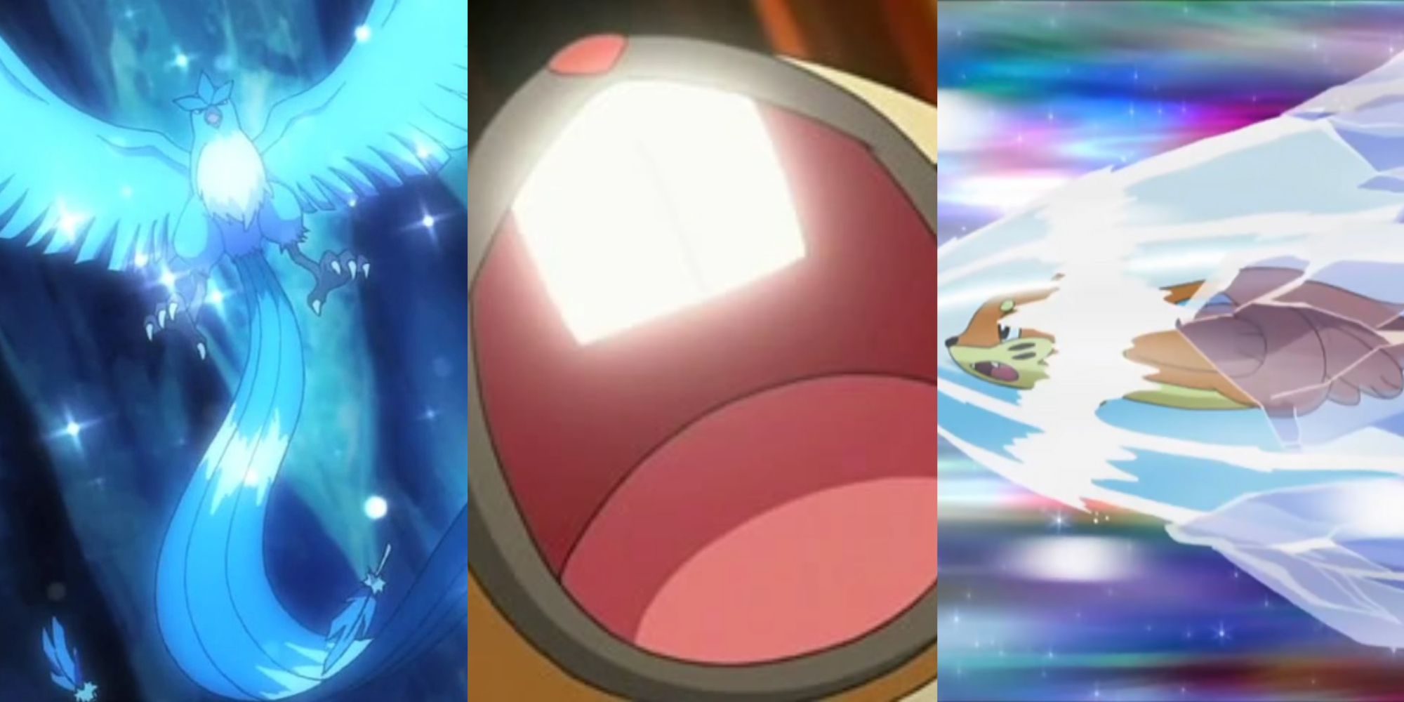 Articuno glowing blue in front of a blue sparkly background, a close up of Bibarel's open mouth and glowing teeth, and Buizel flying within a large stream of water during Aqua Jet in Pokemon