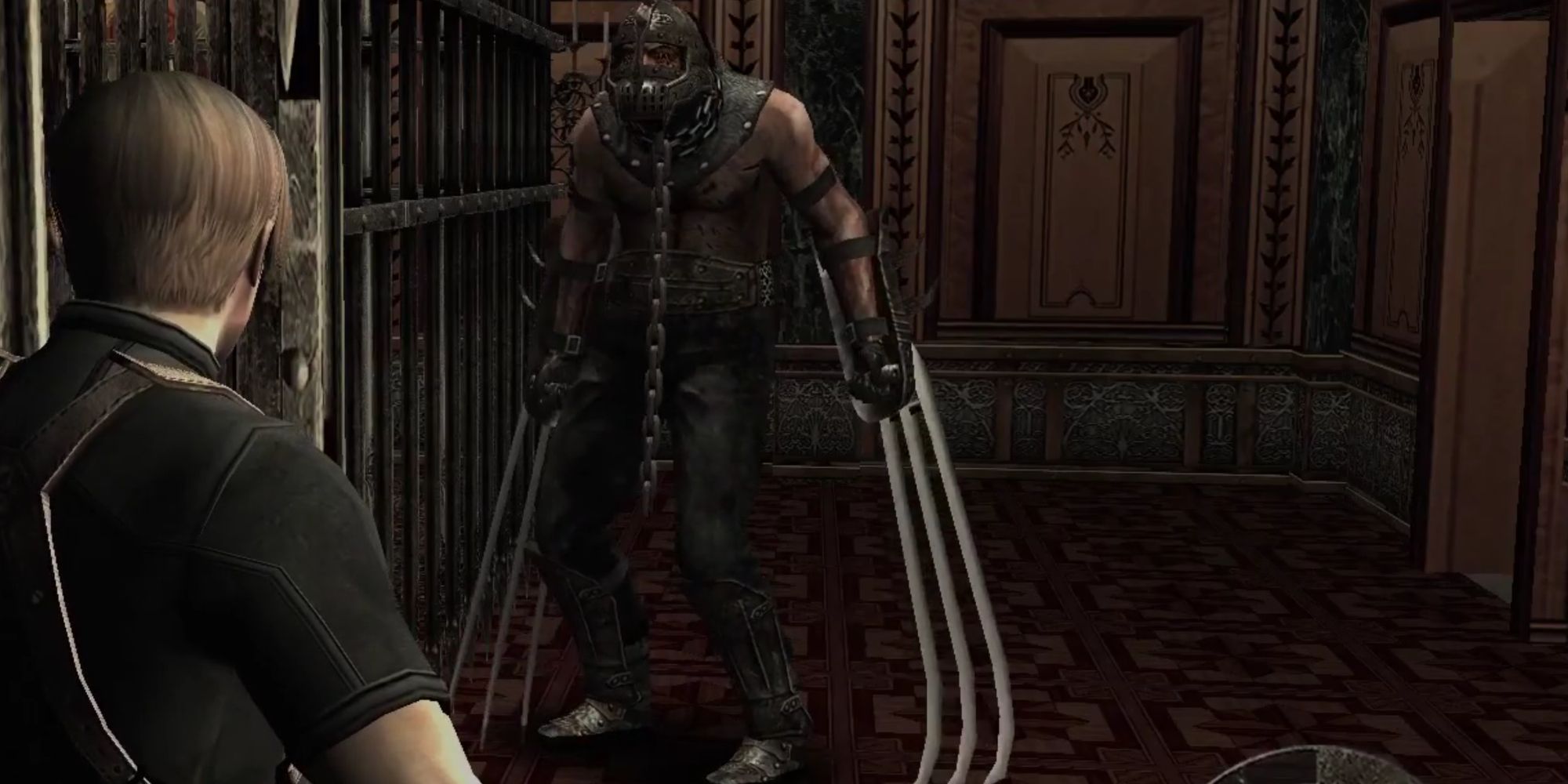 Leon staring at a tall Garrador walking toward him, claws fully extended, and near a jail cell in the castle.