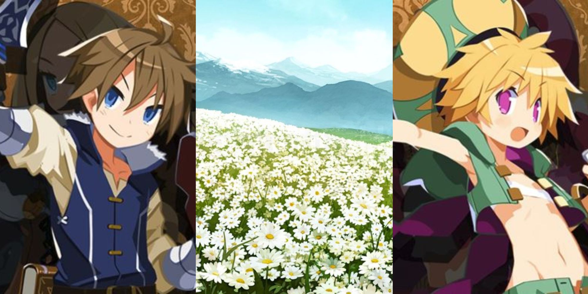 A collage of the Wonder Corsair, a field of flowers, and the Theatrical Star in Labyrinth Of Galleria: The Moon Society.