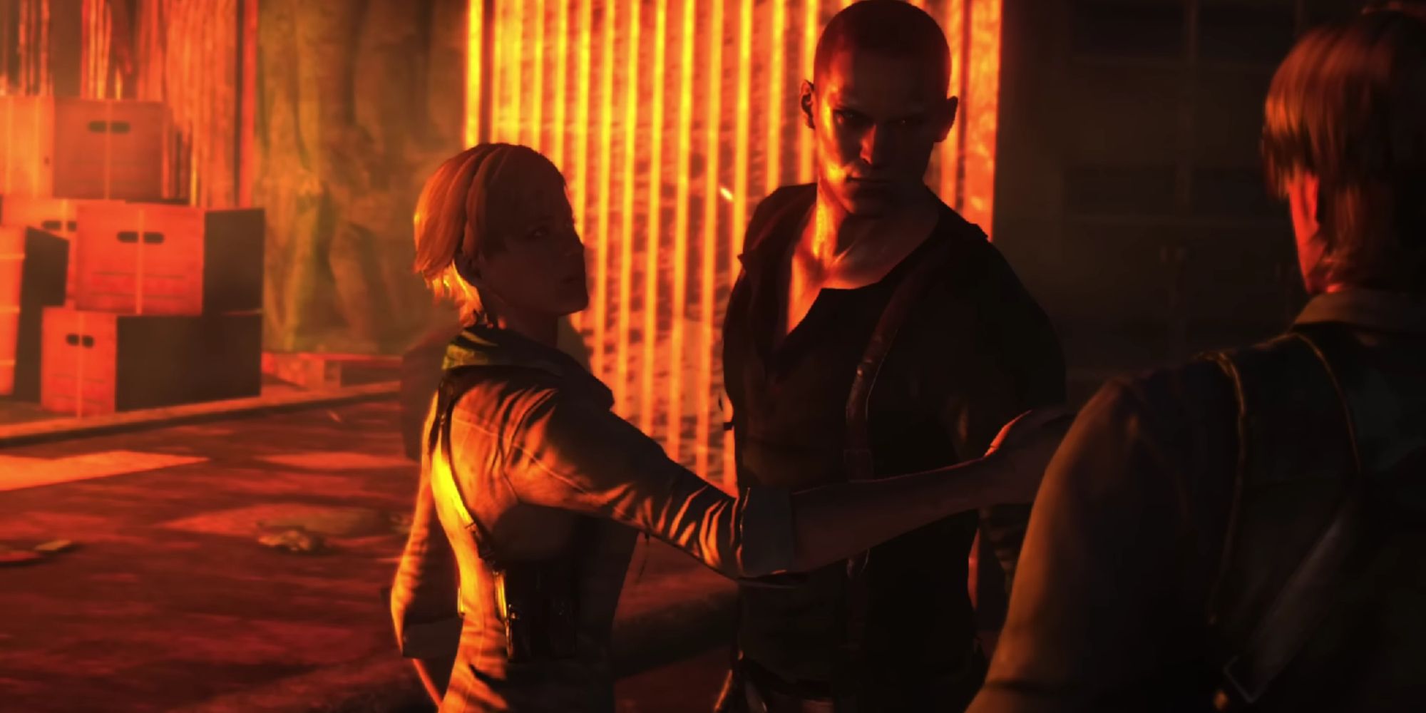 Sherry Birkin holding jake back from Leon in a tense stand-off near cargo containers.