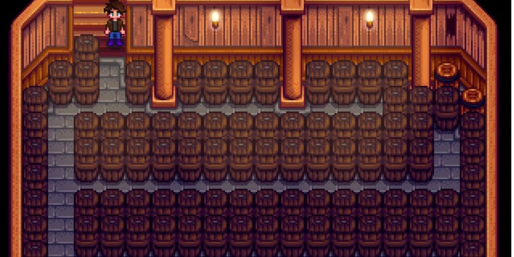 A fully stocked cellar in Stardew Valley the video game