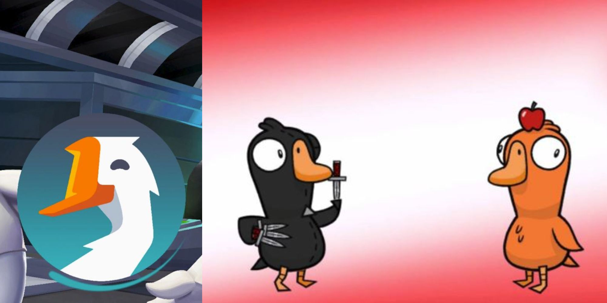 A collage of the loading screen logo and a Goose killing a Duck in Goose Goose Duck.