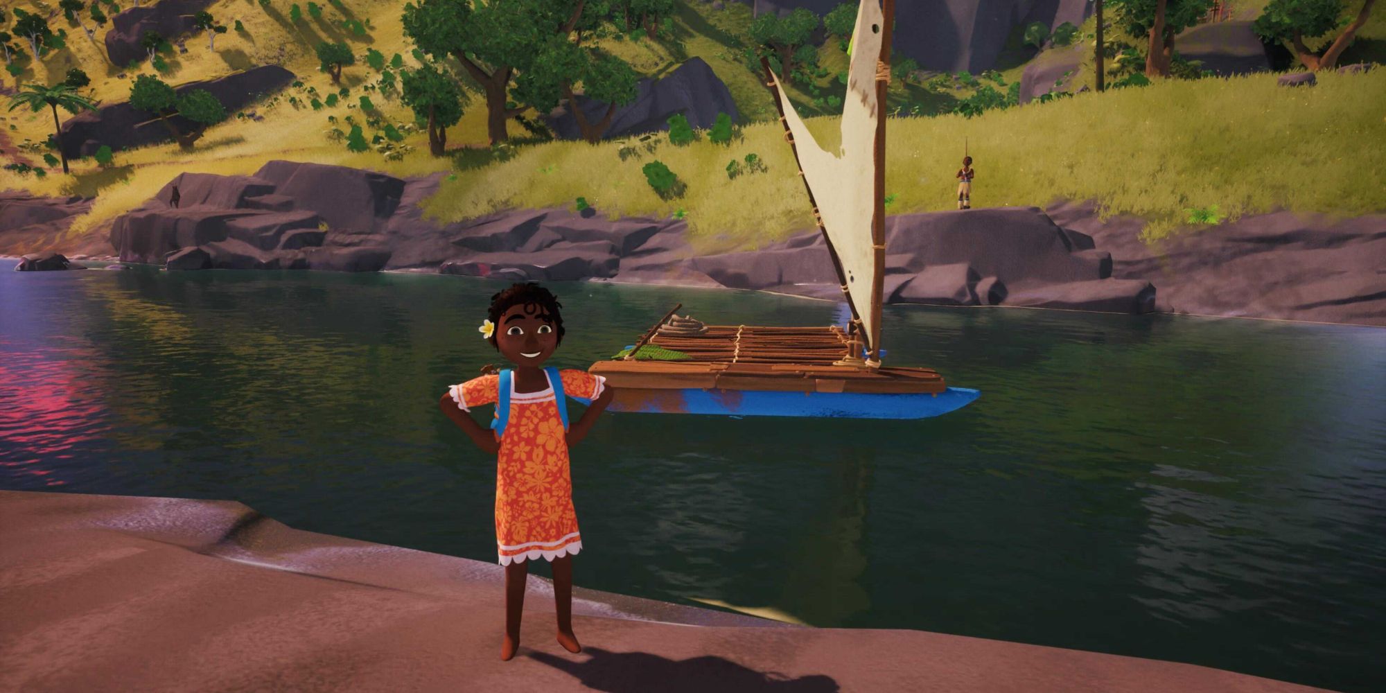 tchia smiling in front of her raft