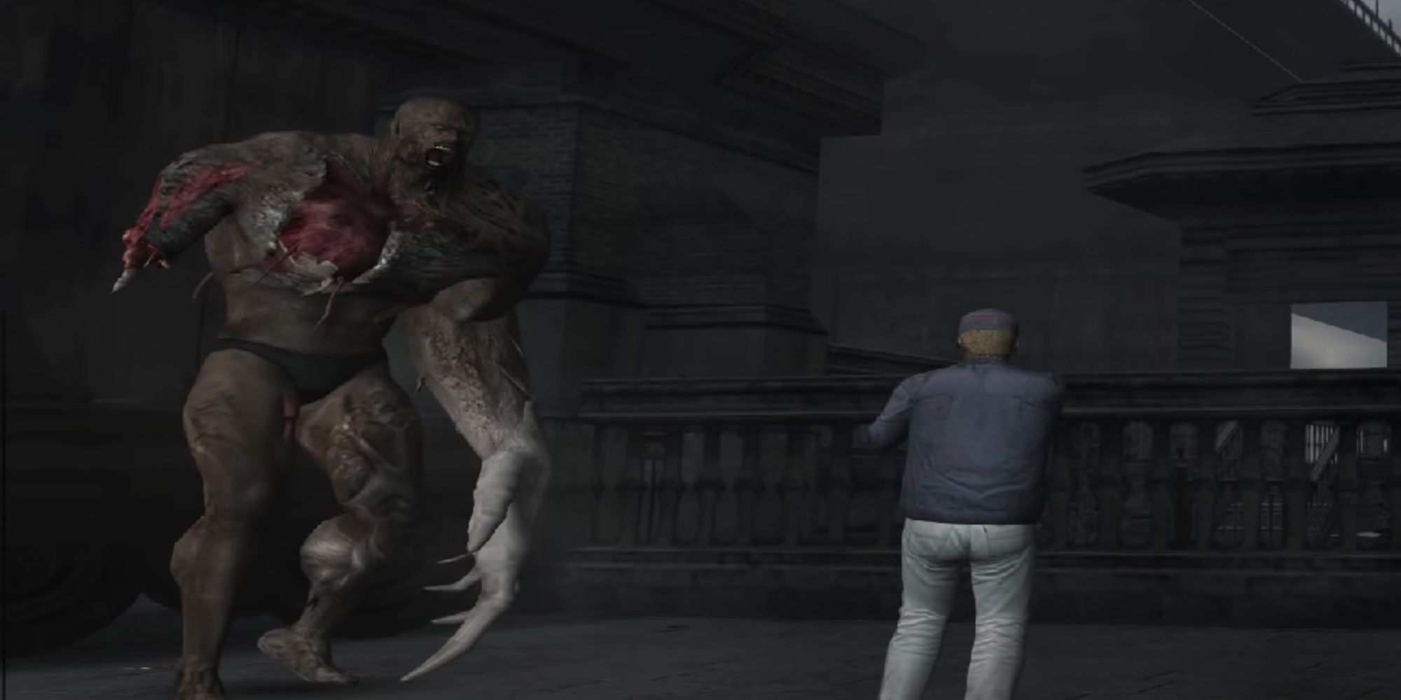 Thanatos charging at a character from Resident Evil Outbreak during the boss fight with only one giant arm.